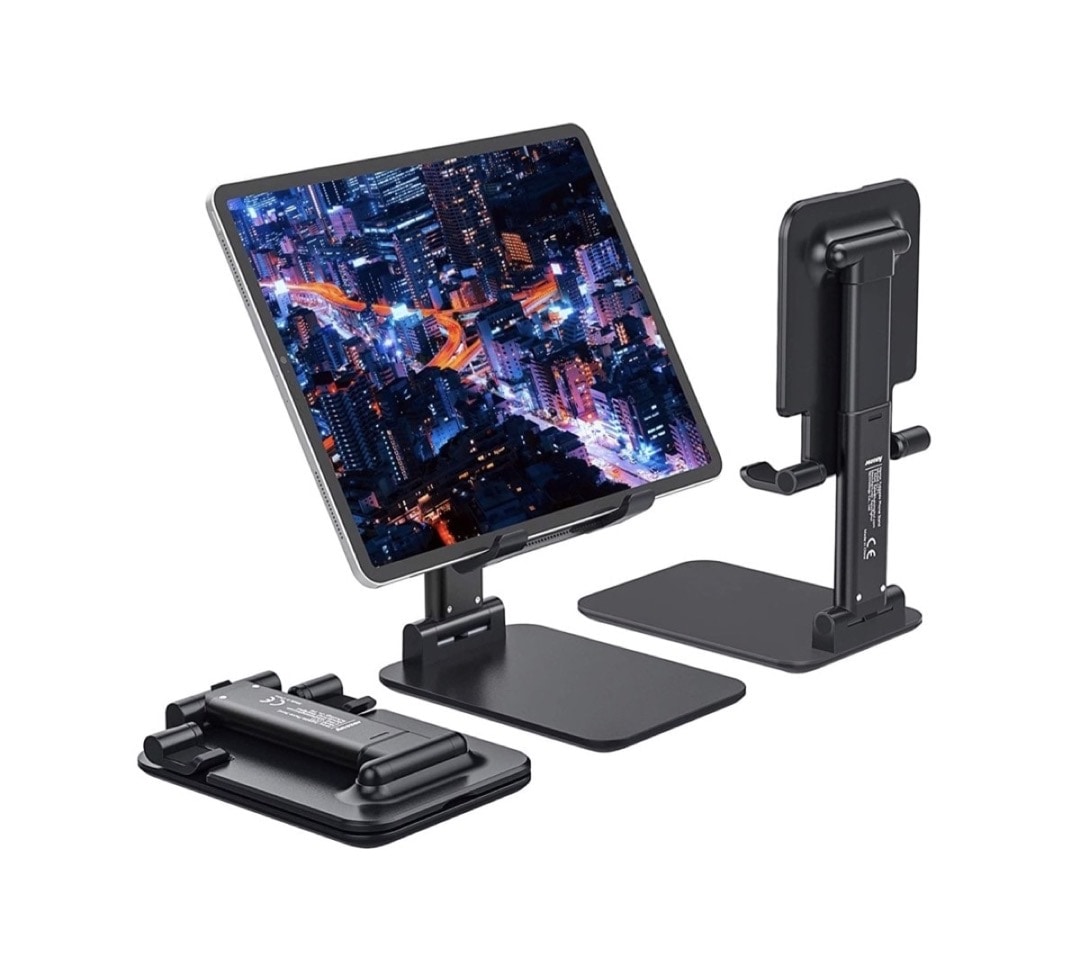 Adjustable tablet desktop stand with weighted base