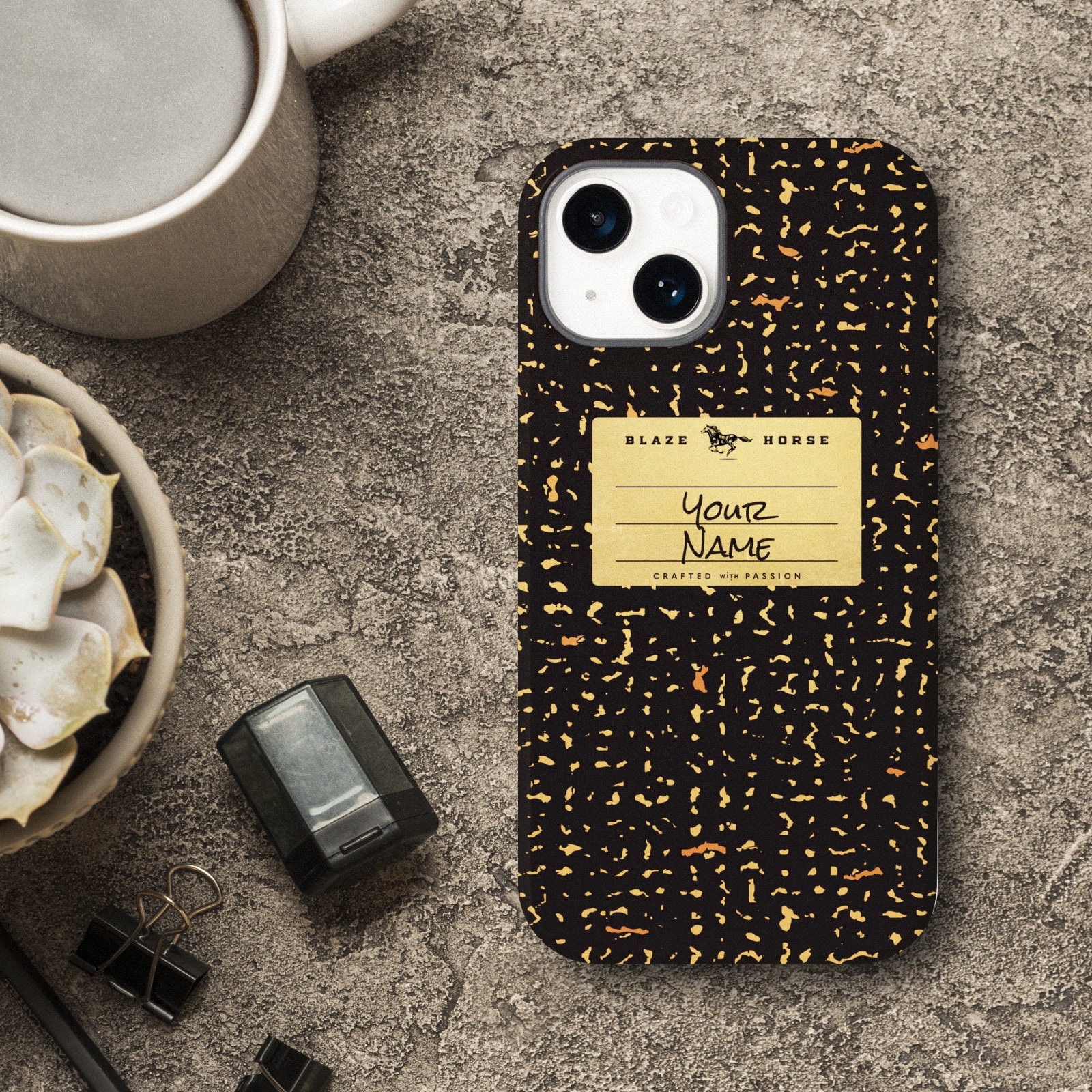 Gold composition book iPhone cover personalized