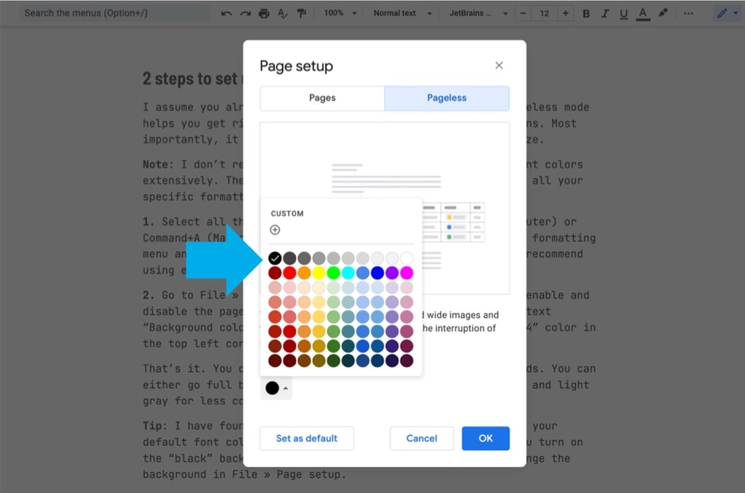 Google Docs dark mode trick - change pageless background color