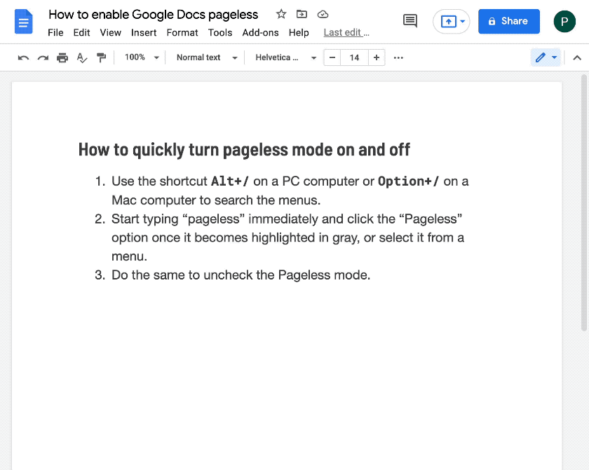 Google Docs turn pageless on and off