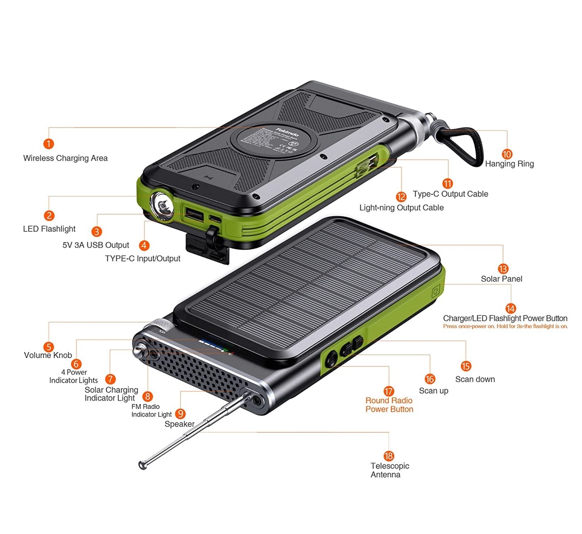 Wireless solar power bank with radio cables - best camping accessories