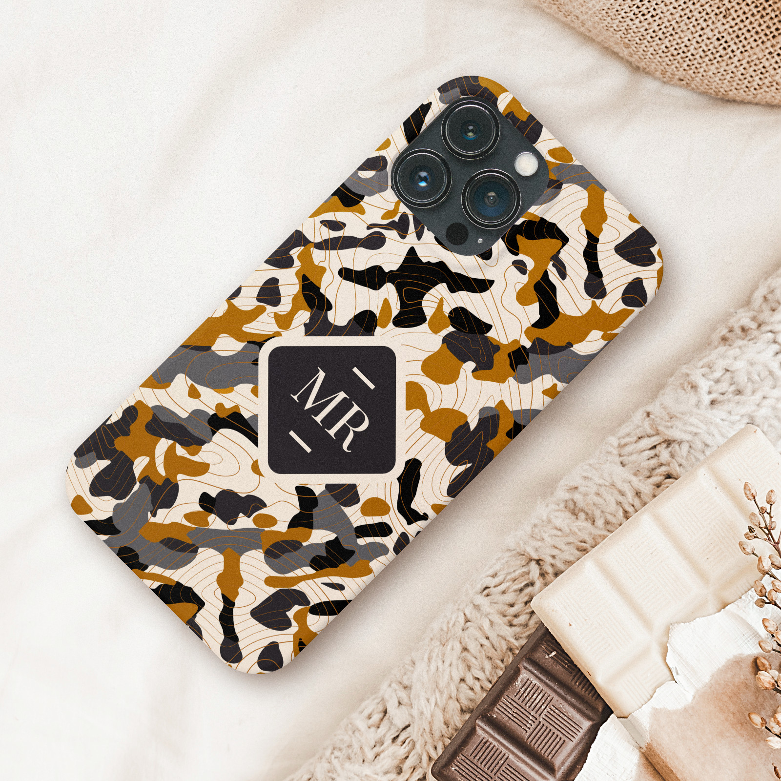 Brown diagonal camo with label and custom initials iPhone cover