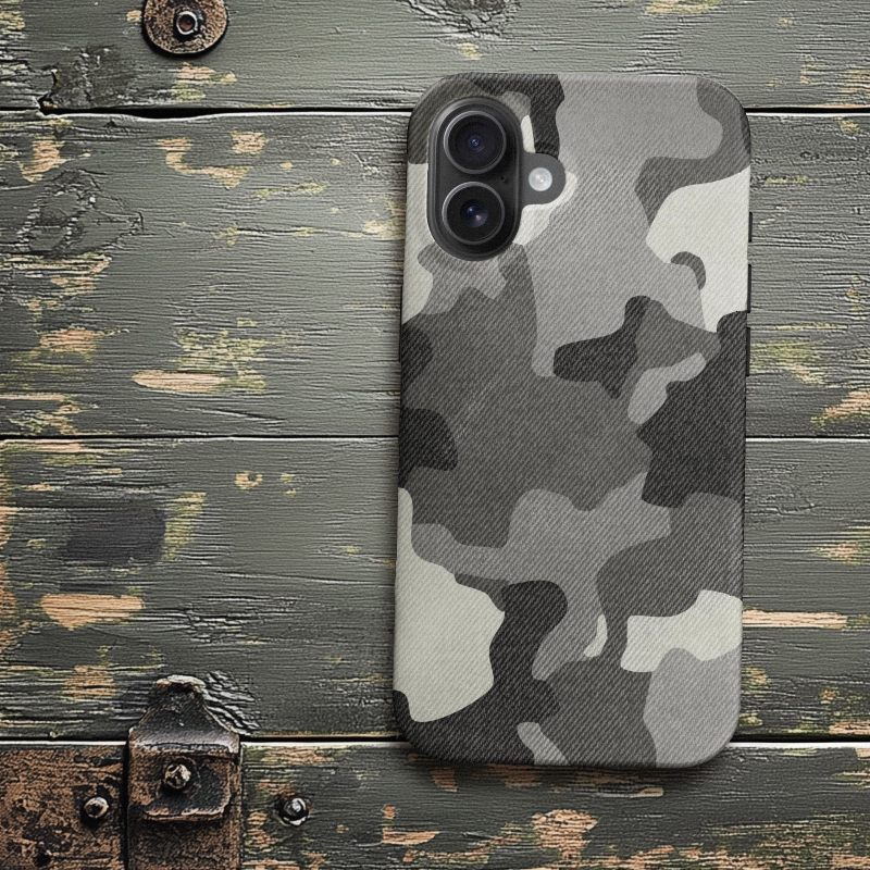 iPhone case with a classic WW2 1940s camo with a realistic denim fabric pattern - Gray variant