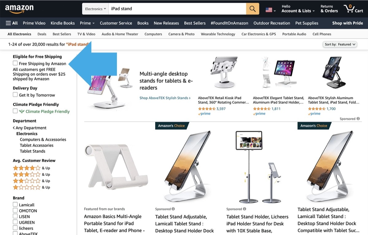 Find Prime eligible iPad accessories on Amazon - search pages