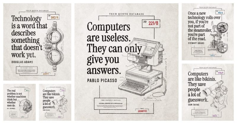 Vintage tech quotes on patent drawings
