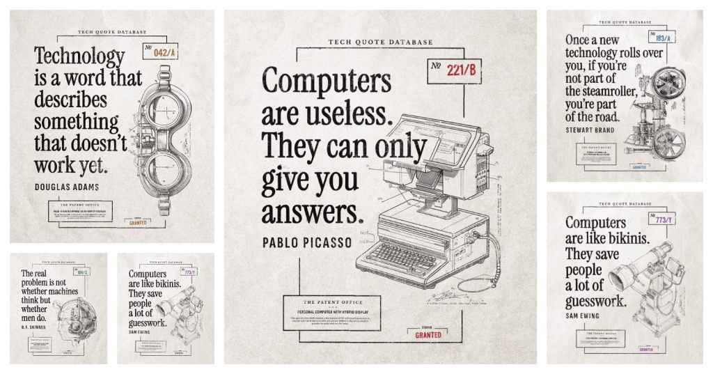 Thought-provoking tech quotes on vintage patent&nbsp;drawings