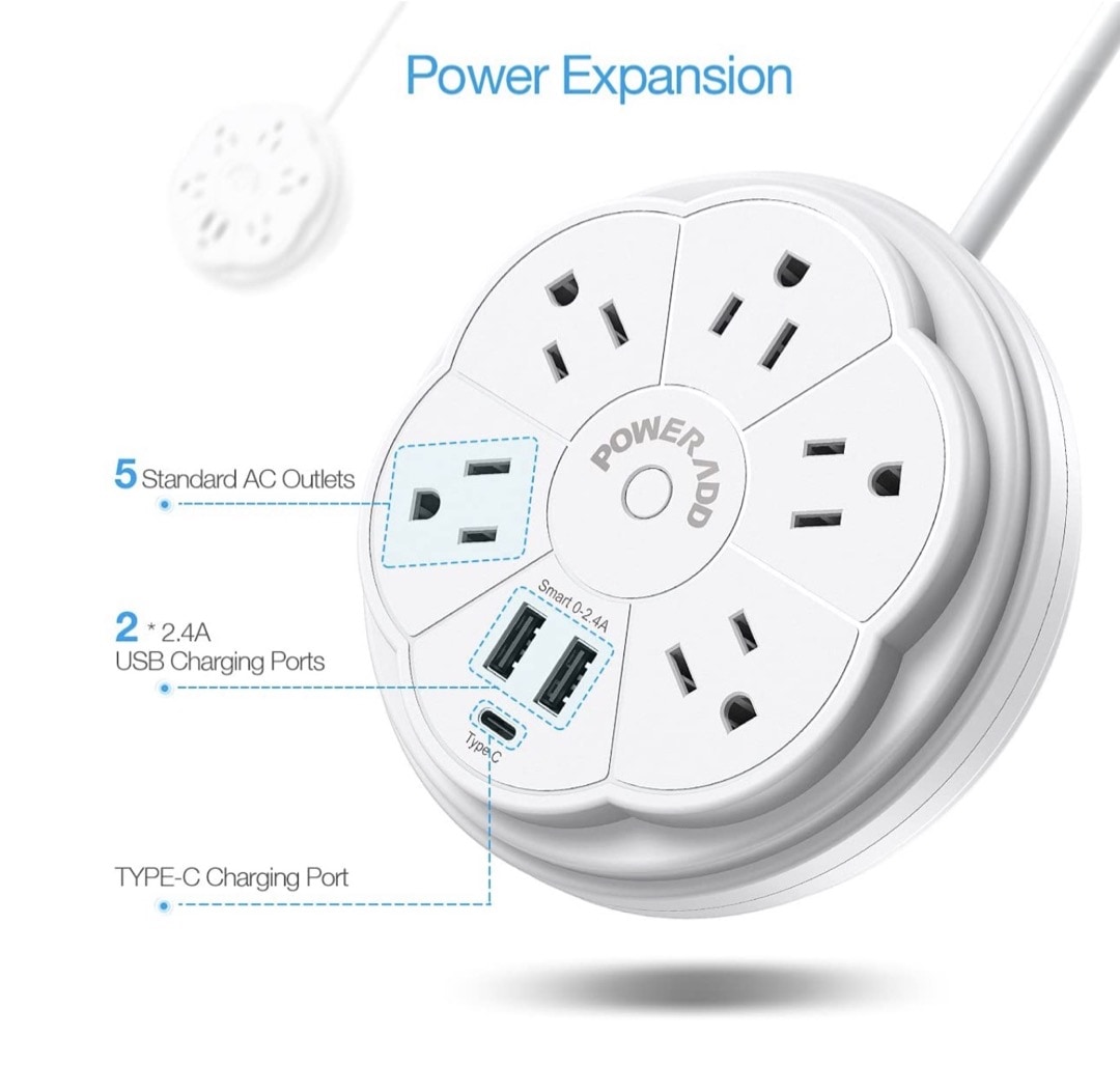 Retractable power strip with 5 outlets and USB ports