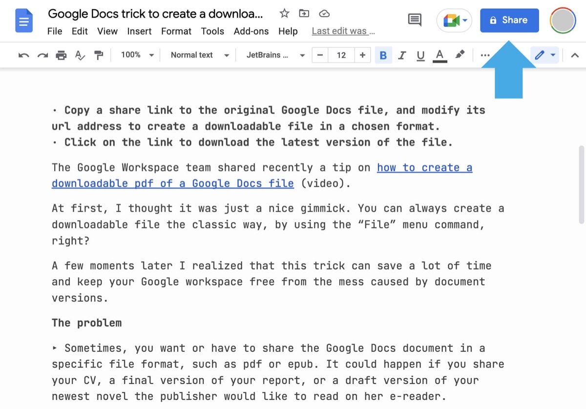 Google Docs create a downloadable file link