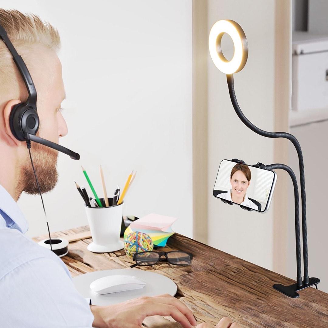 Slim two-arm selfie ring and iPhone Continuity Camera holder