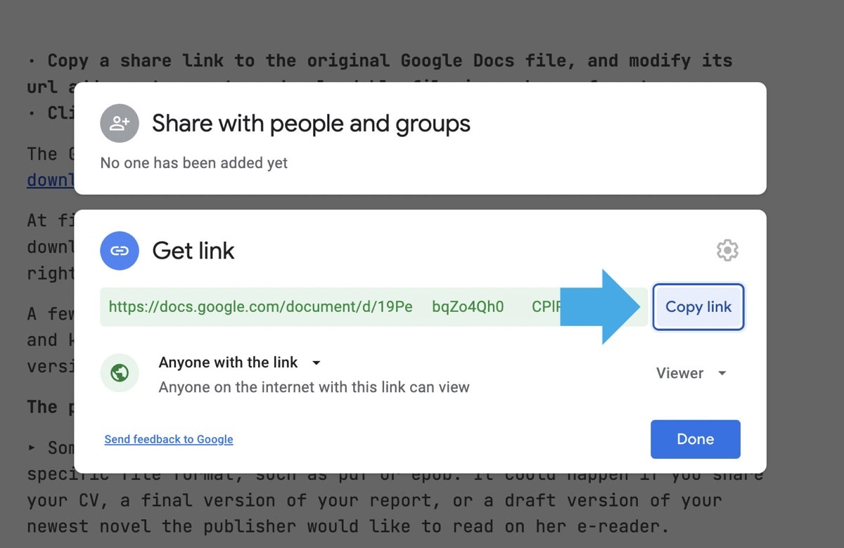 Google Docs copy link to create a downloadable file